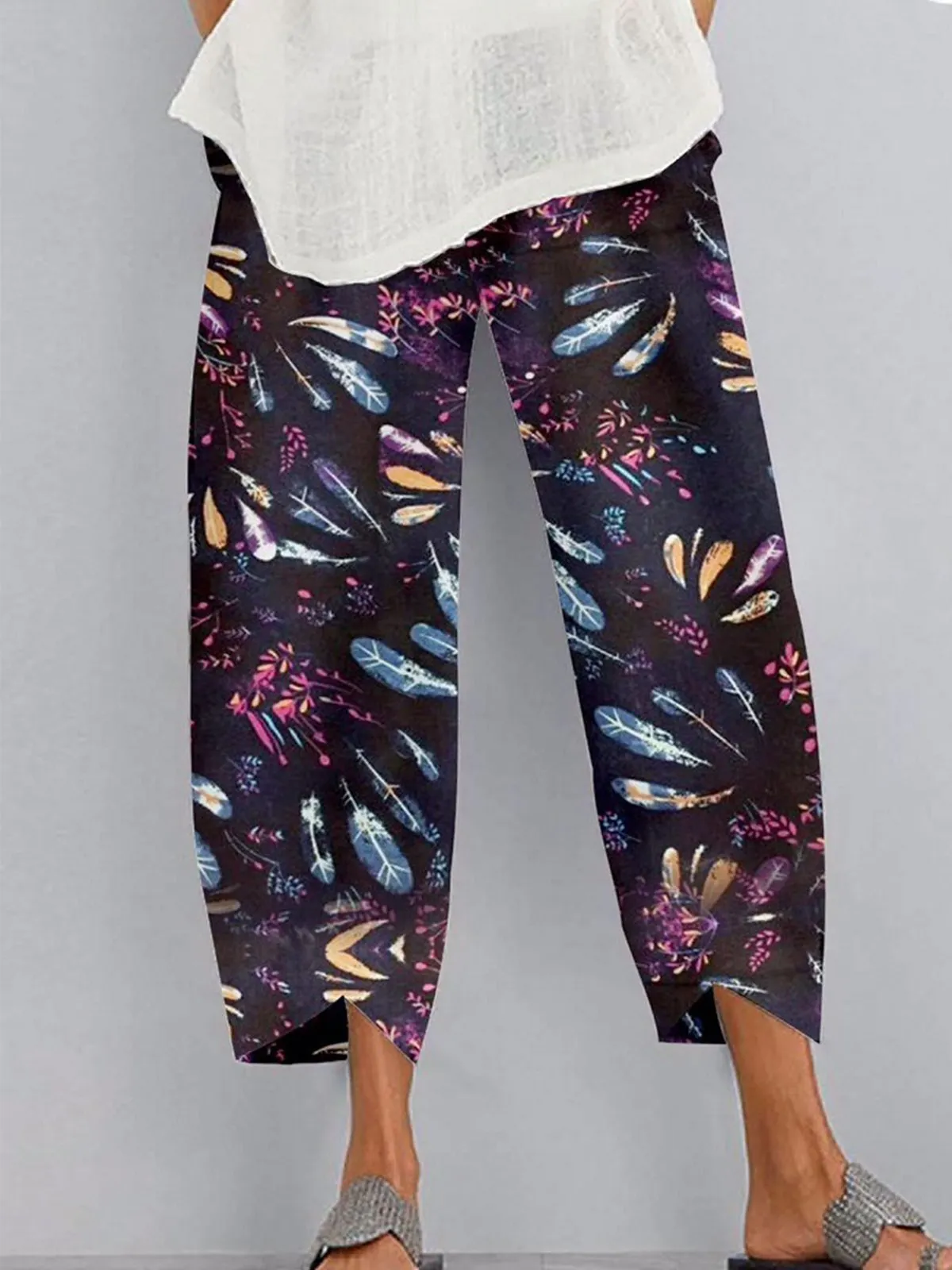 Vintage Geometric Floral Printed Pockets Plus Size Casual Pants