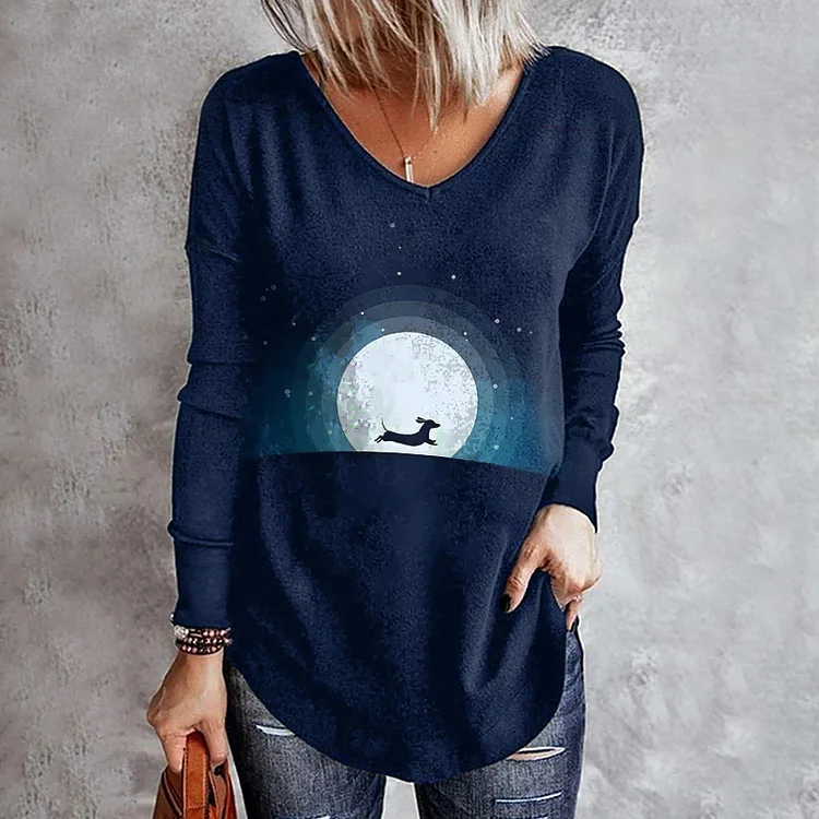 Wearshes Dog Print Casual V-Neck Long Sleeve T-Shirt