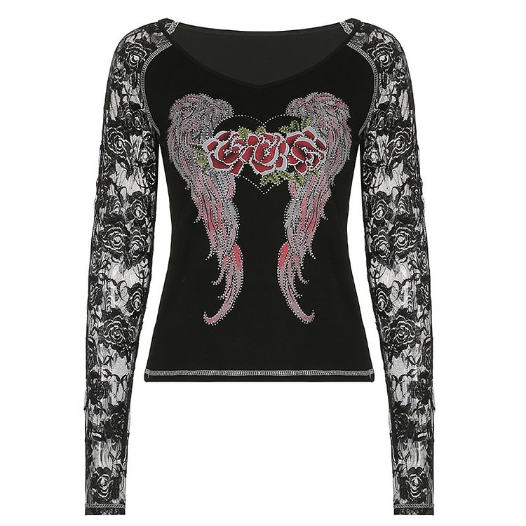 Y2K Color Feather Print Sexy Long Sleeve Top-luchamp:luchamp