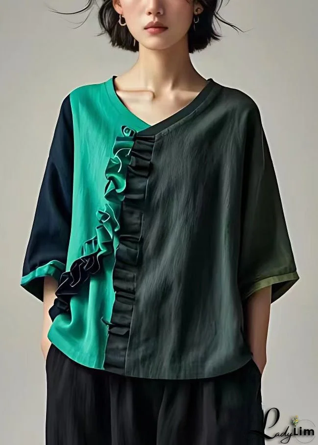 Elegant Dark Gray Ruffled Patchwork Cotton Tops Bracelet Sleeve
