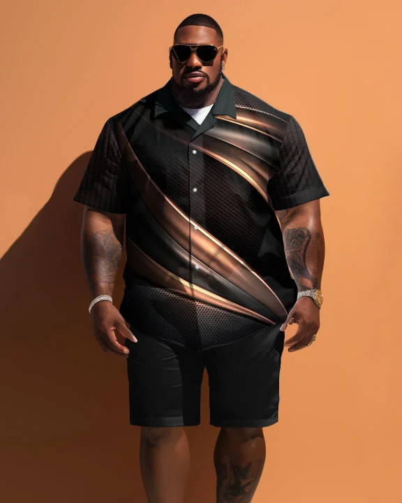 Men's Plus Size Simple Beam Line Print Short-Sleeved Shirt Shorts Set