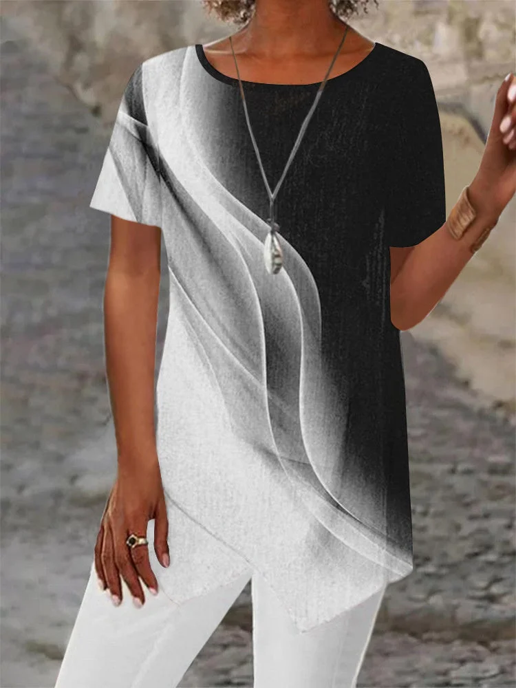 Women Asymmetrical Short Sleeve Scoop Neck Striped Printed Top