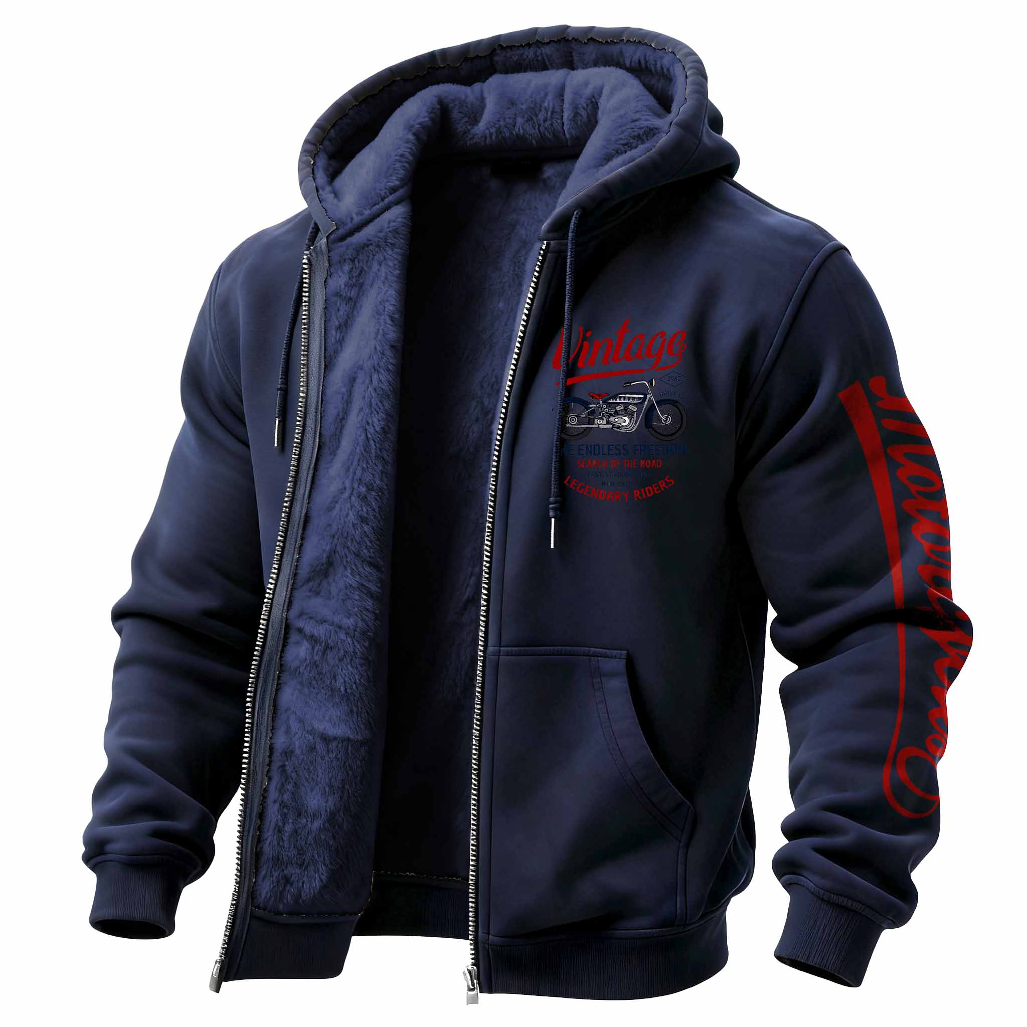 Men's Vintage Motorcycle Fleece Pocket Full Zip Long Sleeve Hoodie Jacket