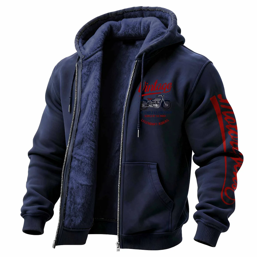 Men's Vintage Motorcycle Fleece Pocket Full Zip Long Sleeve Hoodie Jacket