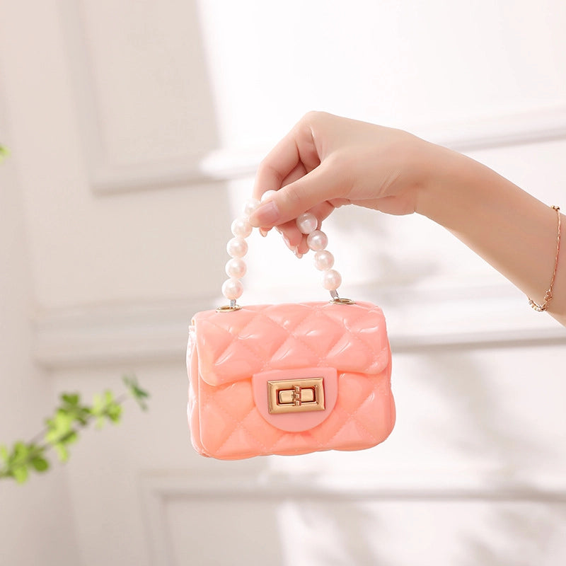 Women’s PVC Solid Color Cute Beading Pearls Square Lock Clasp Crossbody Bag