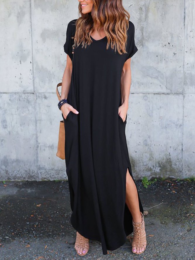 Women Pockets Slit V Neck A-line Casual Maxi Dress Zaesvini