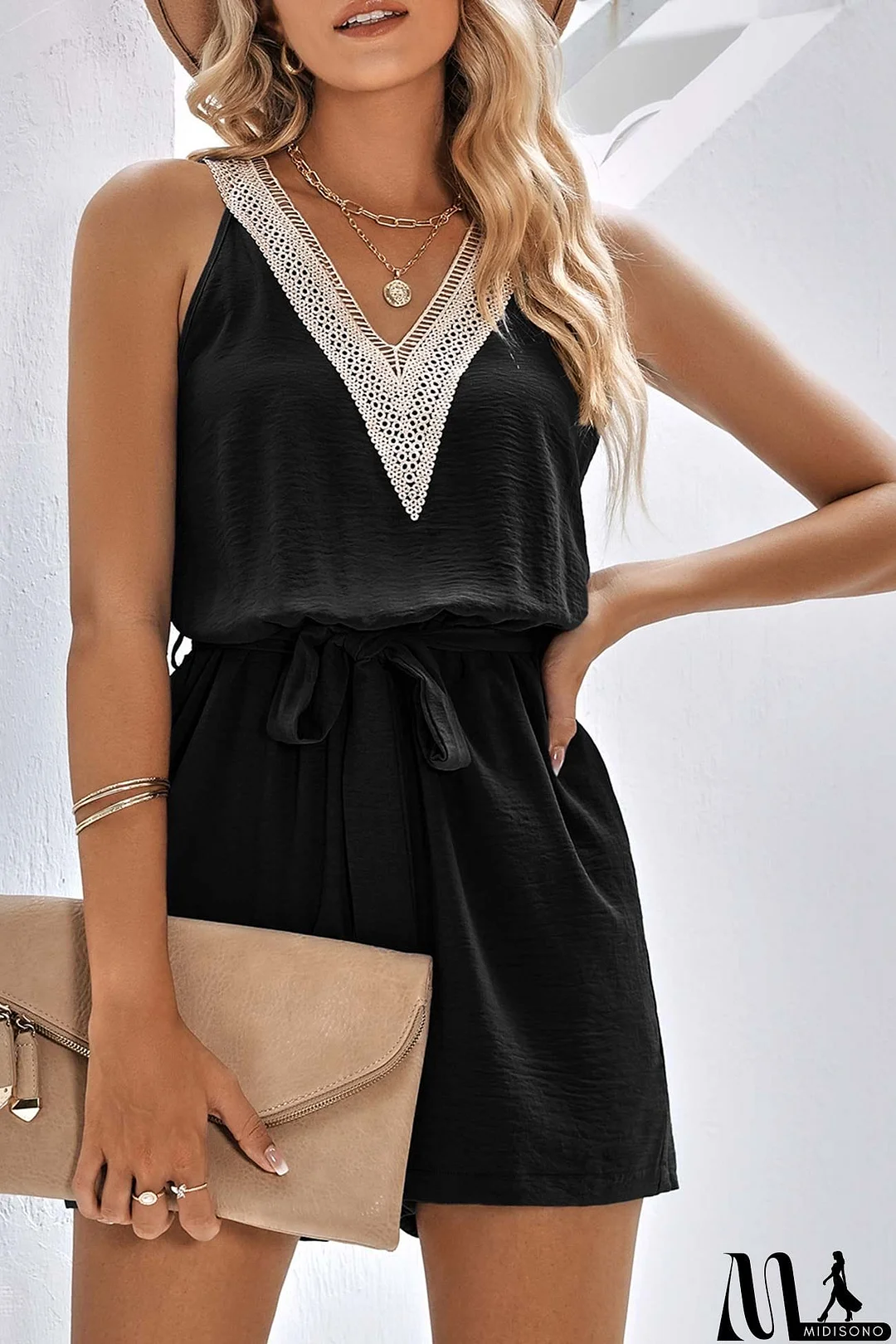 MidiSono - Lacework V Neck Tie-waist Rompers