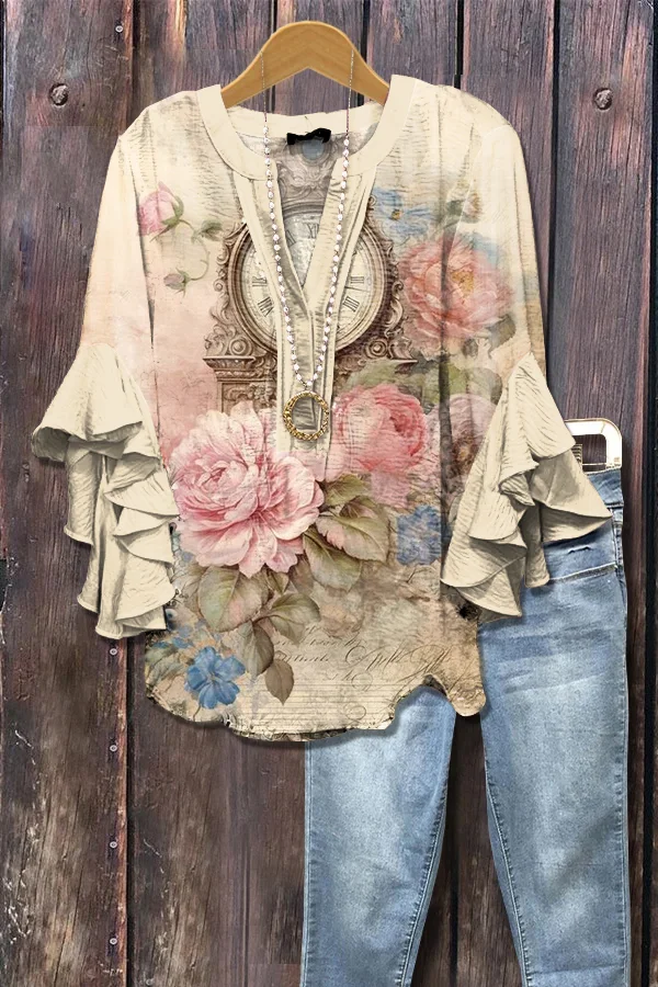 Elegant Paisley Print Ruffle Sleeve Top
