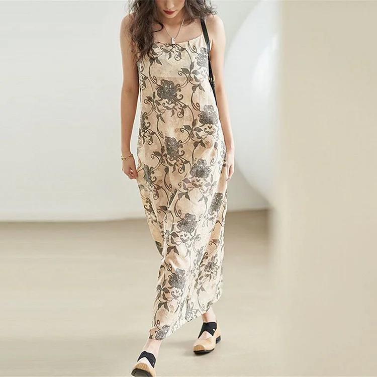 Elegant Loose Lycoris Radiata Printed Slips Dress      