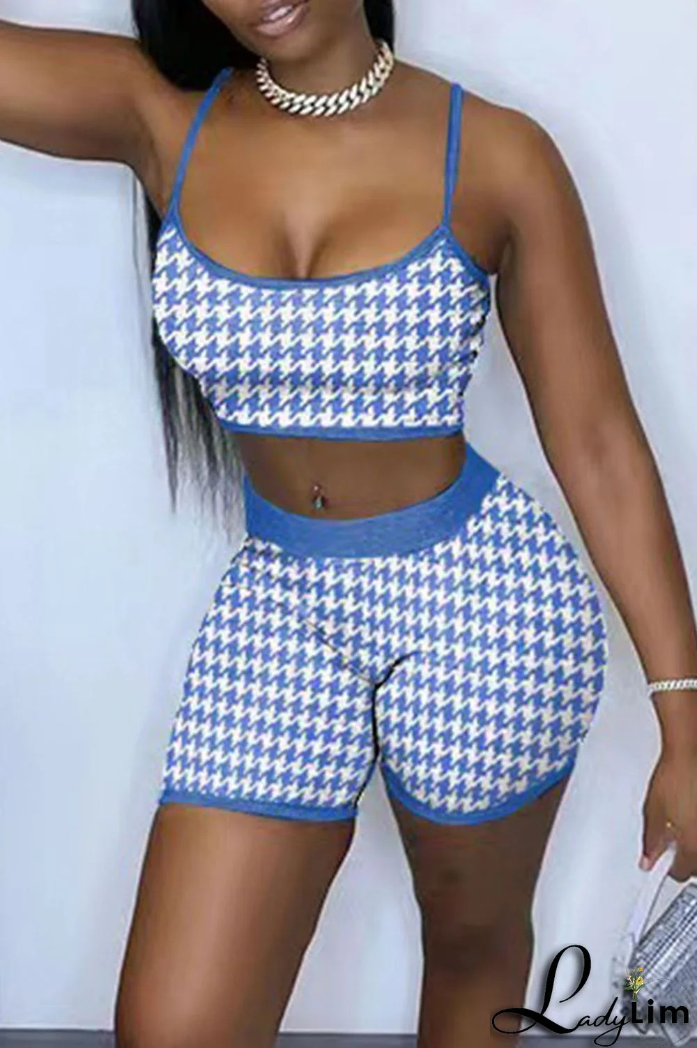 Blue Sexy Plaid Print Patchwork Spaghetti Strap Sleeveless Two Pieces