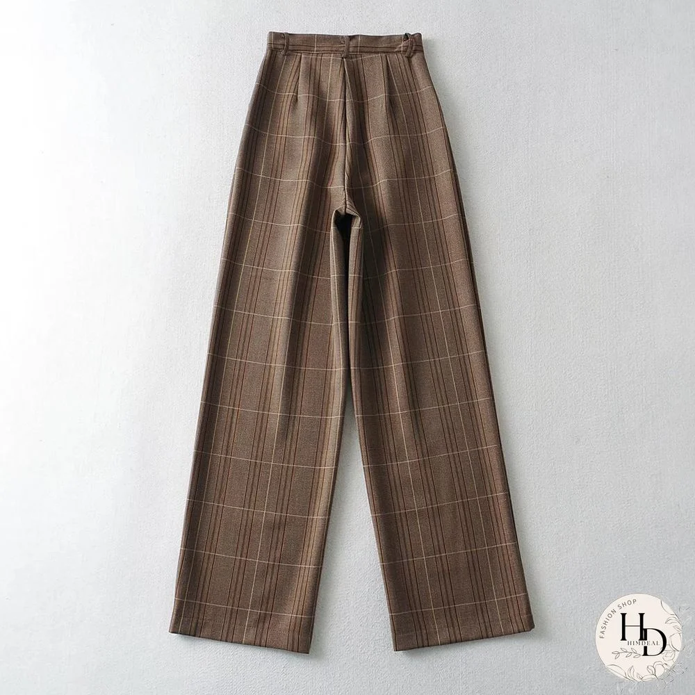 Retro Casual Plaid Brown Loose Fitting Long Pants