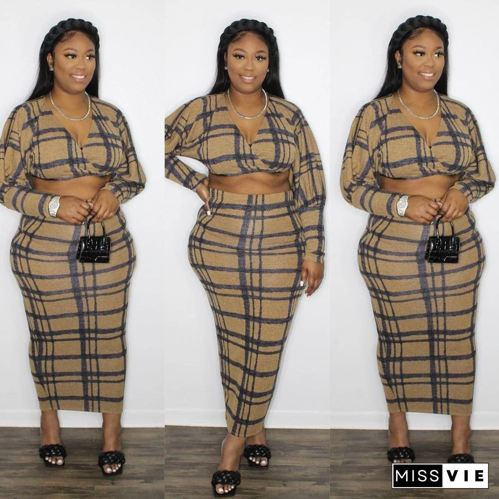 Plaid Long Sleeve Crop Top Bodycon Maxi Skirt Set