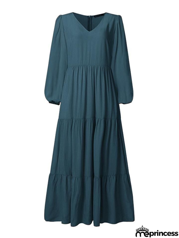 Stylish V Neck Long Sleeve Elastic Cuff Pleated Maxi Dress