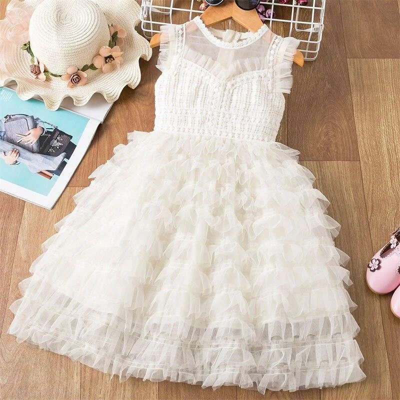 Girls Flower Lace Embroidery Dresses Kids Summer Short Sleeve Elegant Princess Costume Birthday Party Vestidos Children Clothes