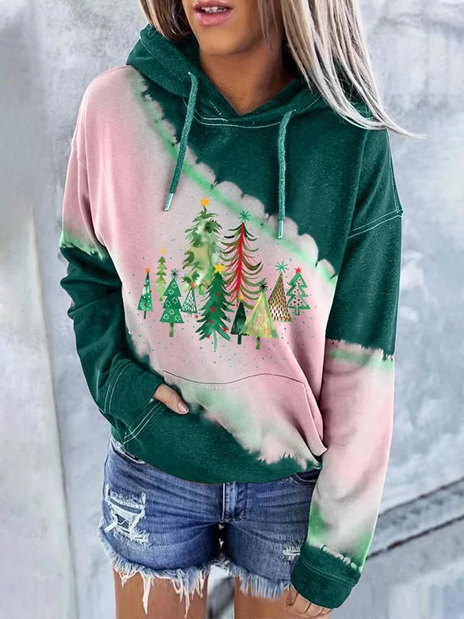 Women's Christmas Tree Print Hoodie Sweatshirt
