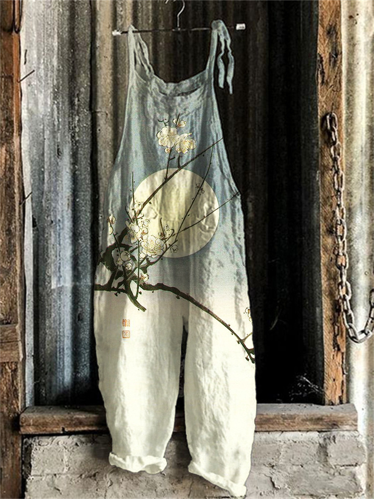 Women's Cute Print Linen Blend Casual Jumpsuit