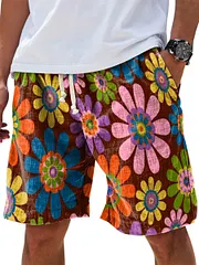 Colorful Large Flower Decorative Pattern Cotton And Linen Beach Shorts