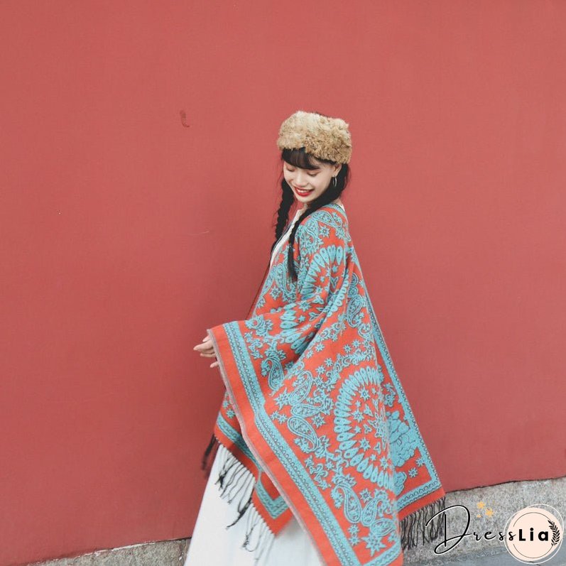 Tibetan ethnic totem flower big shawl retro warm scarf