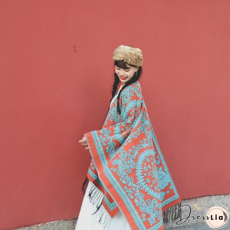 Tibetan ethnic totem flower big shawl retro warm scarf