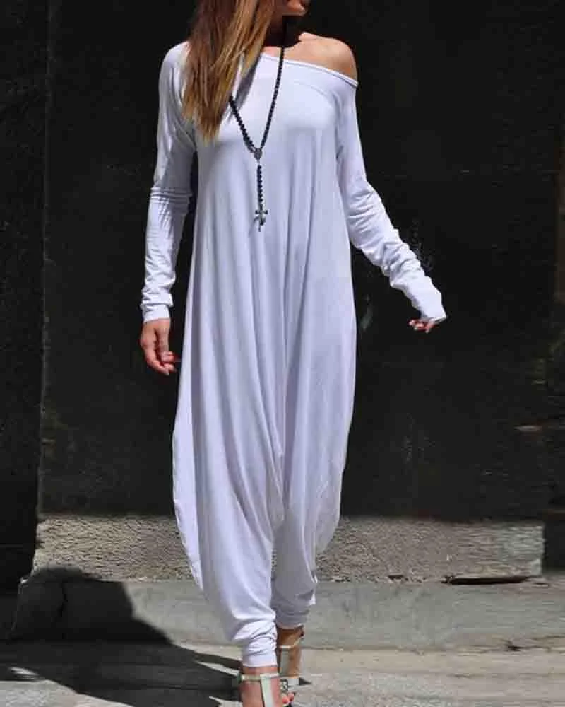 Women's White Drop Crotch Loose Jumpsuit