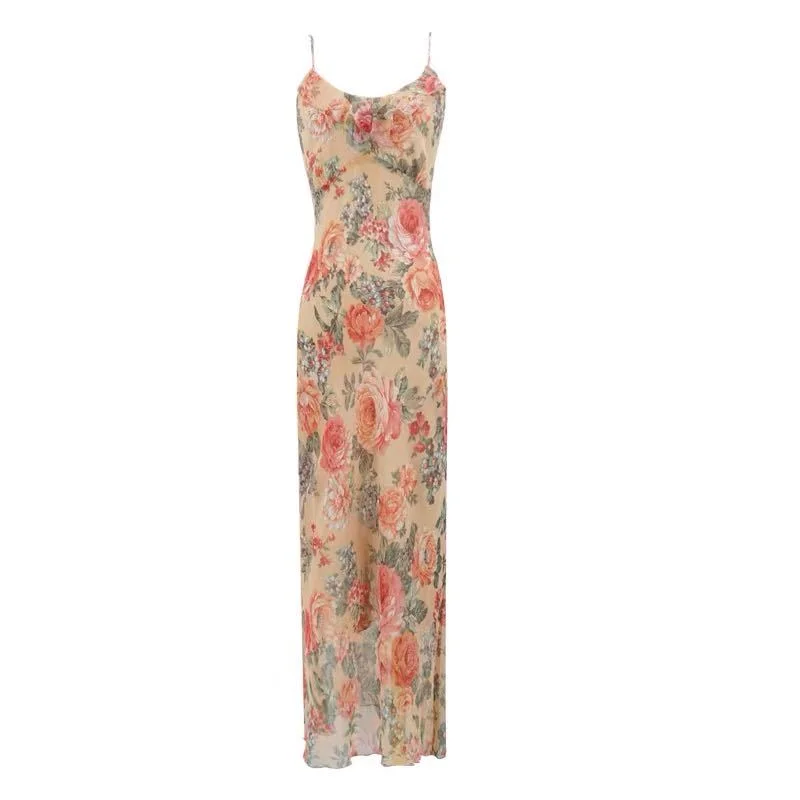 Billlnai 2023 French Sweet Vintage Floral Dress Women Casual Spaghetti Strap Beach Dress Female  Summer Office Lady One Piece Dress