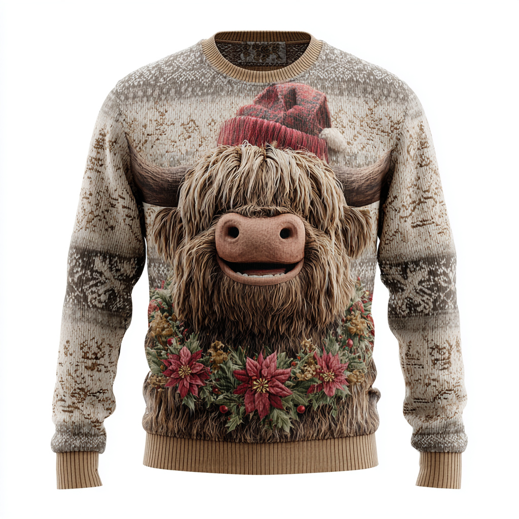 Men's Fun Christmas Cute Highland Cow Print Cozy Knit Sweater elevenforest
