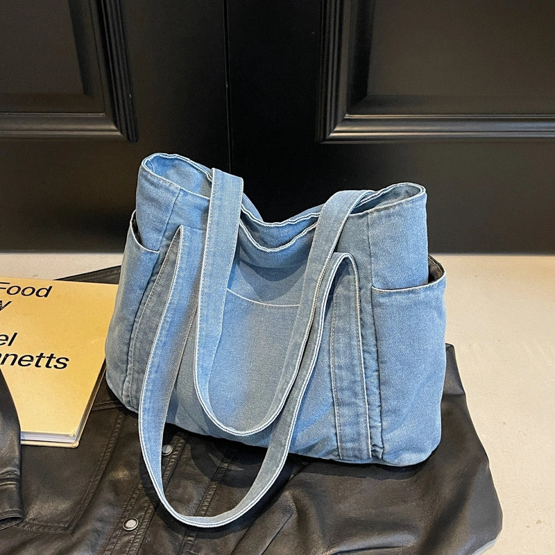 Women’s Denim Solid Color Classic Style Square Zipper Tote Bag
