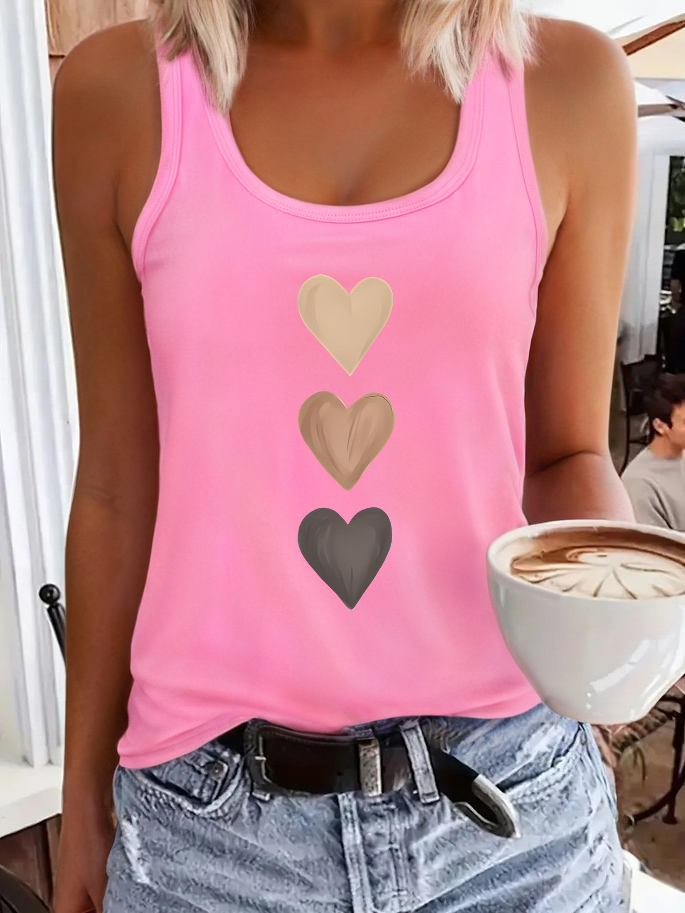Women's Casual Sleeveless Vest With Cartoon Heart Print - Vibrant Blue Relaxed Fit Round Neck, Medium Stretch Machine-Washable All-Season Versatile Top, Playful Heart Design | IFYHOME