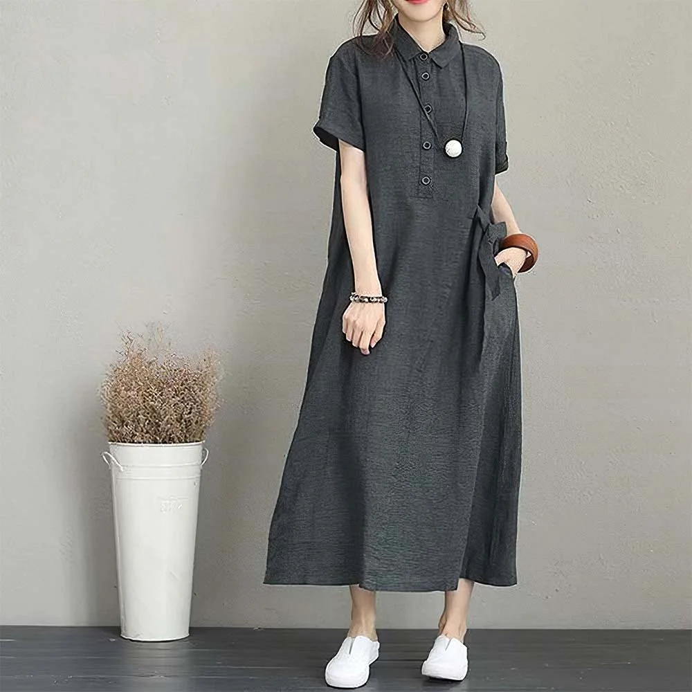 Smiledeer  Women's Casual Polo Neck Cotton and Linen Short Sleeve Dress