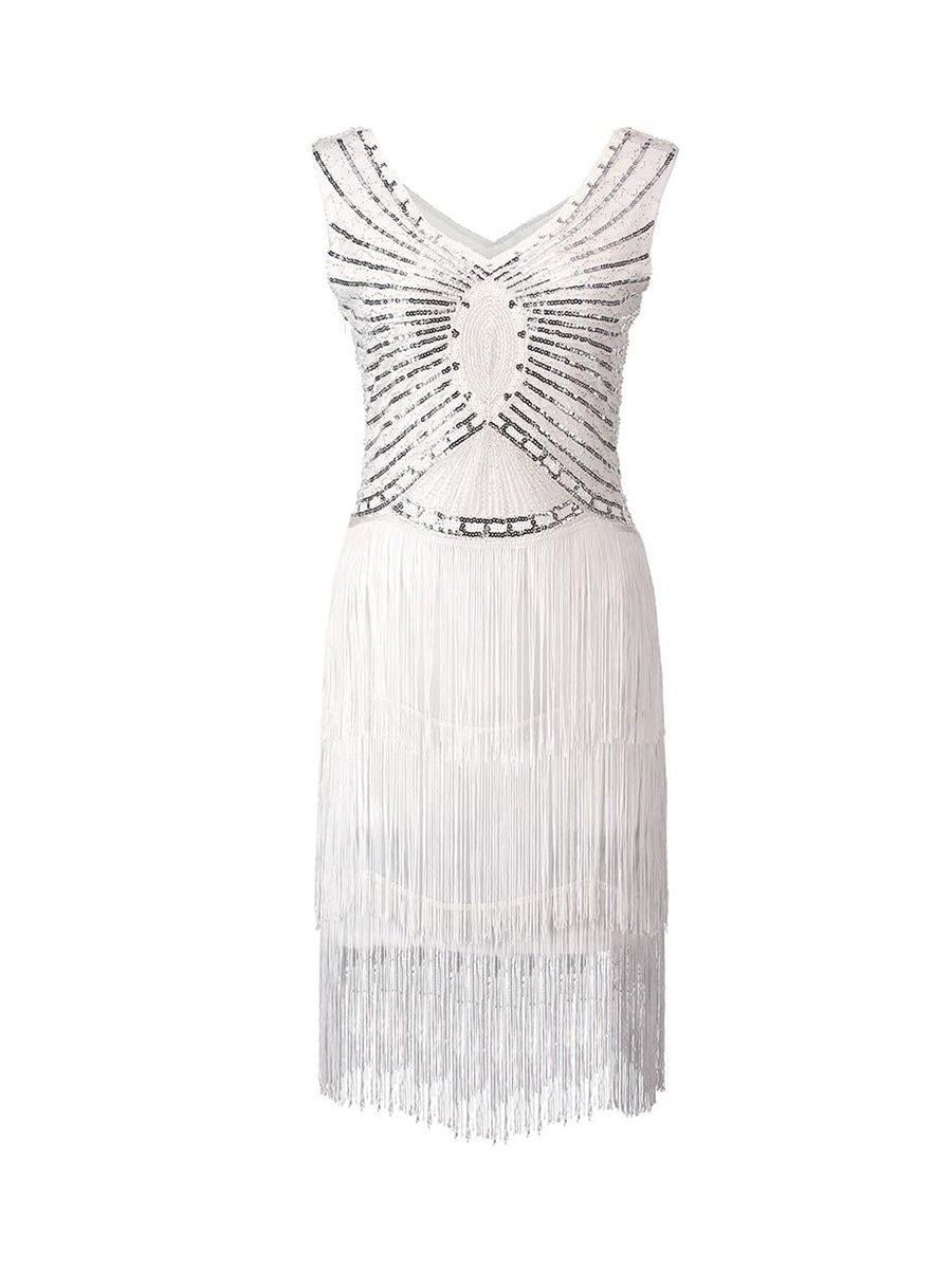 1920s Gatsby Charleston Sequin Fringe Flapper Dress V-Neck Sleeveless Party Dress