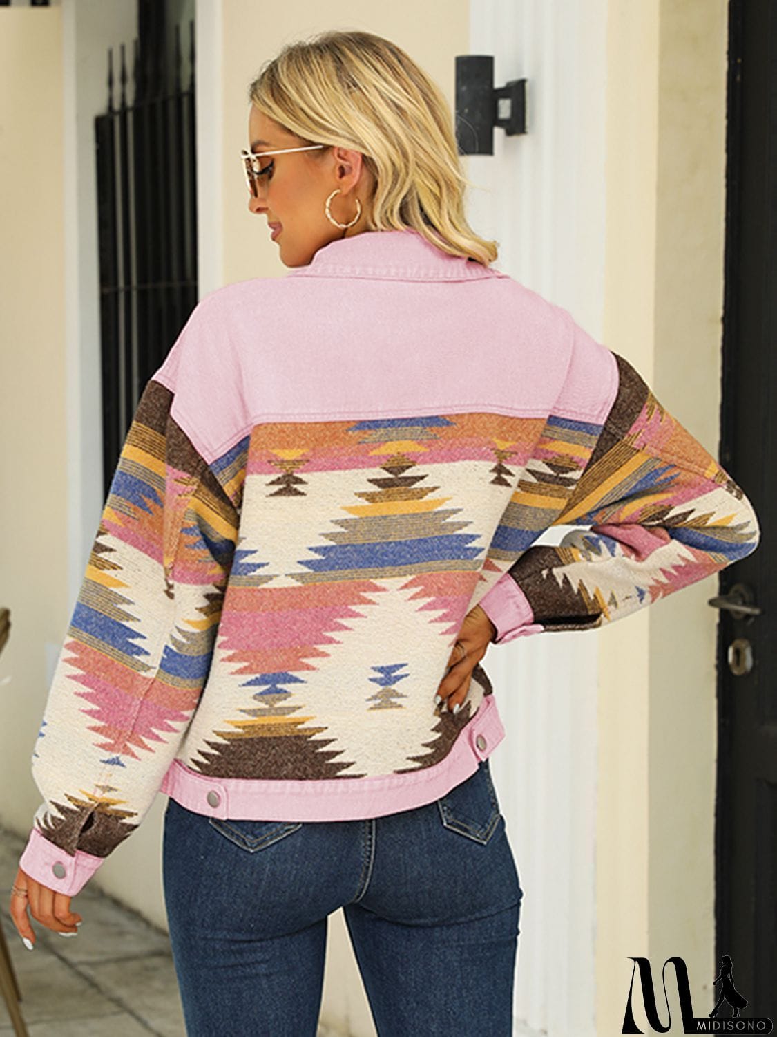 MidiSono - Printed Dropped Shoulder Long Sleeve Denim Jacket