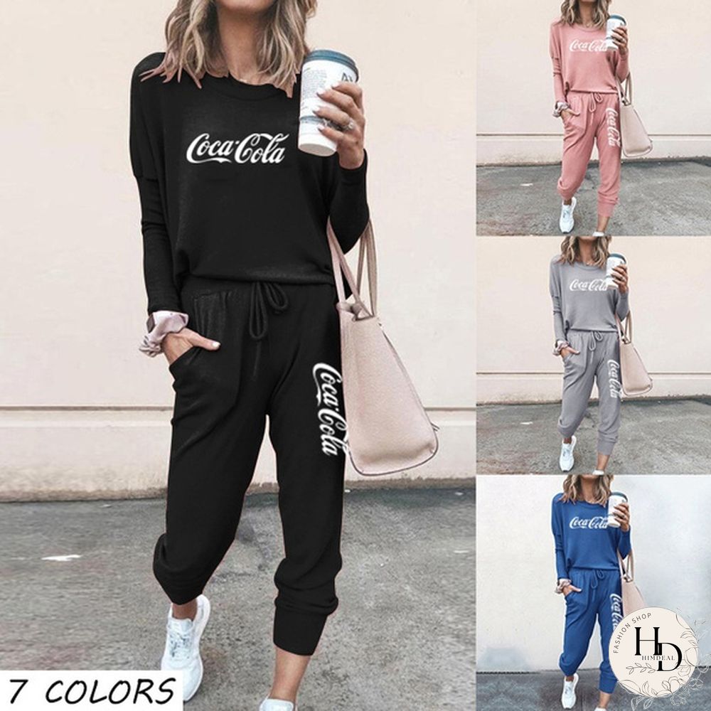 Spring and Autumn Women Jogging Suits Coca Cola Fashion Printed Two Pieces Sports Tops