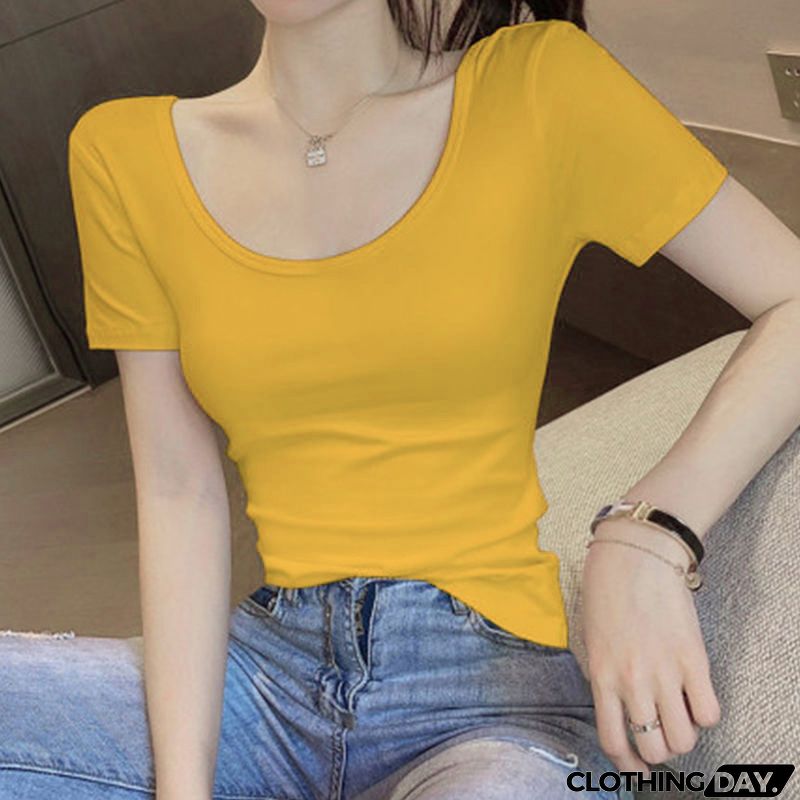Women Casual Solid Color U Collar Short Sleeve T-Shirt