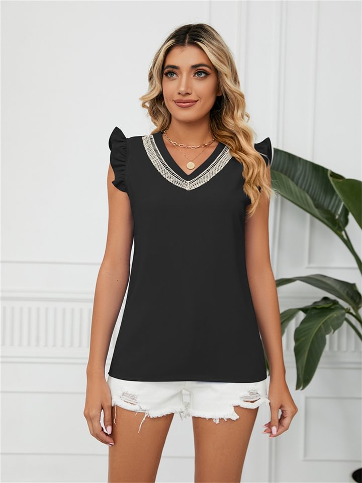 Spring and Summer New Lace Collision Color V-neck Short-sleeved Loose Chiffon Blouse Female -vasmok
