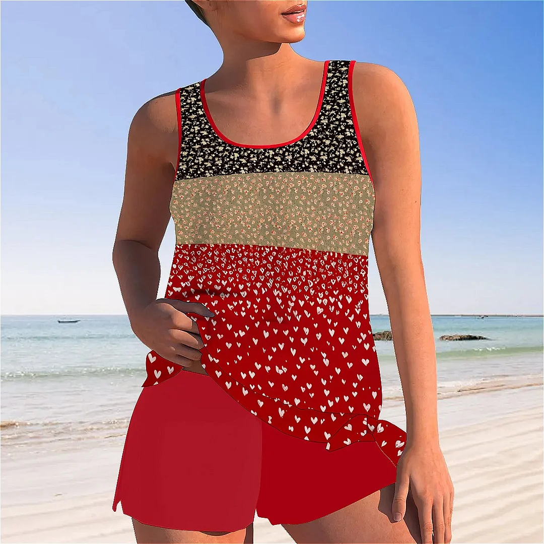 Bowknot Floral,Heart,Red,Light Coffe,Navy,Stitch Mid Waisted Tankini Set - Plus Size Available
