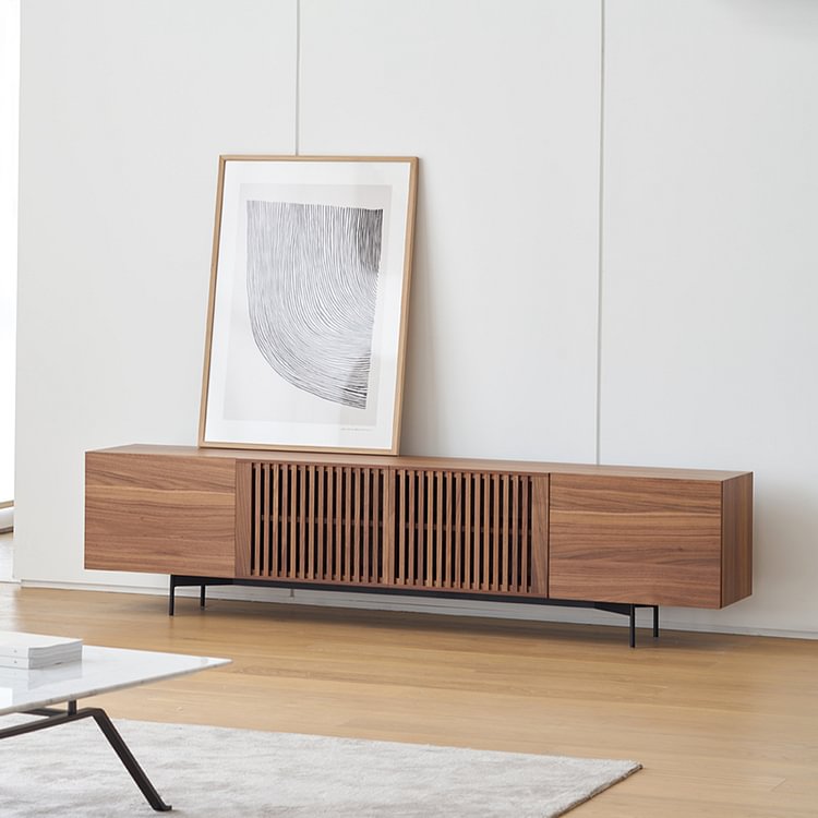 Homemys Modern Solid Wood TV Stand, Minimalist Slatted Media Console