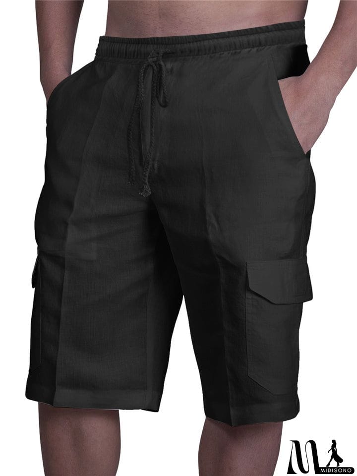 MidiSono - Drawstring Solid Color Shorts With Pockets