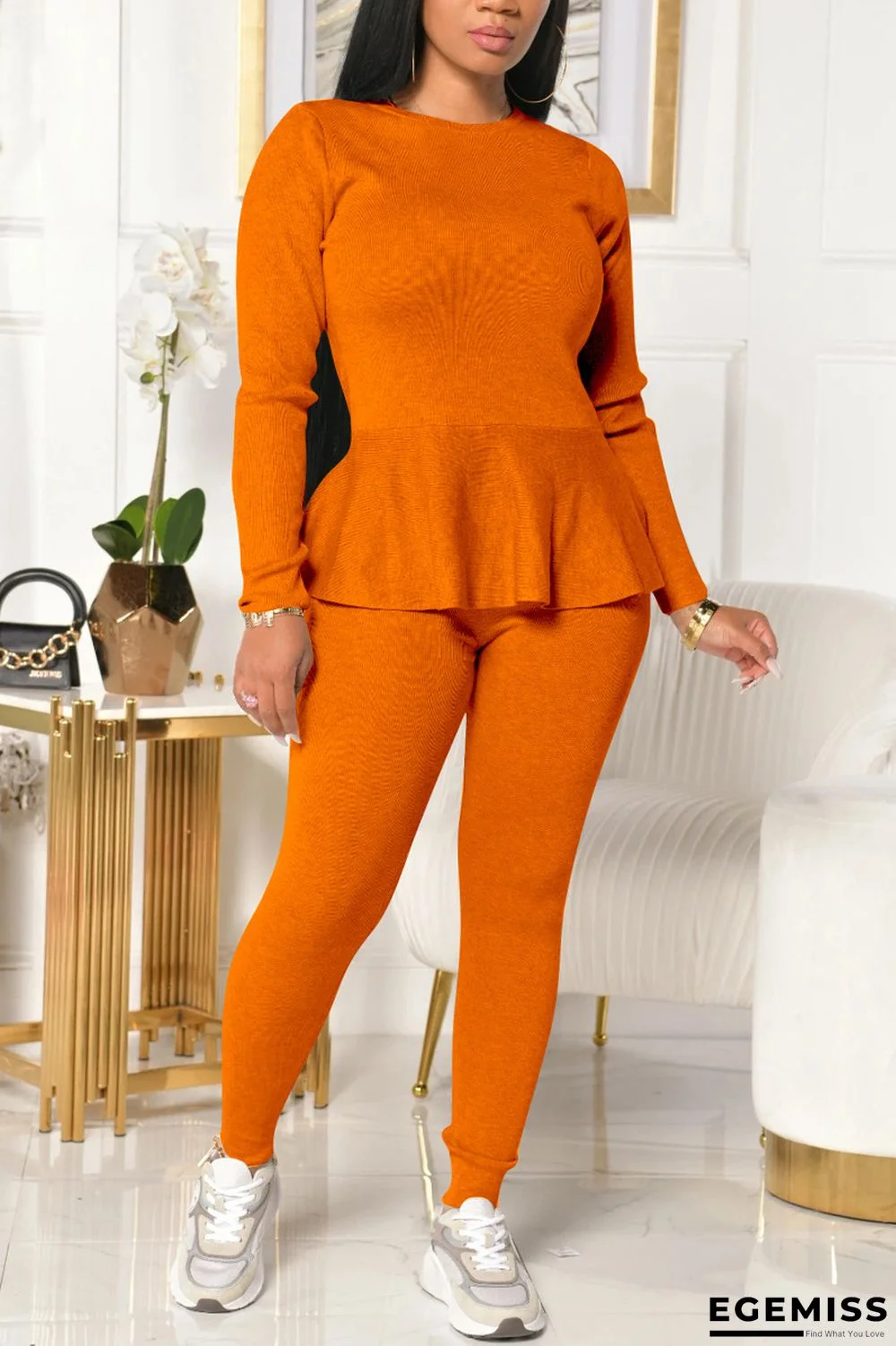 Orange Fashion Casual Solid Strap Design O Neck Long Sleeve Two Pieces | EGEMISS