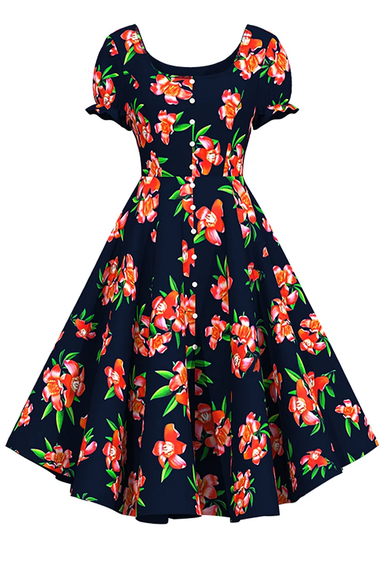 1950s Black Party Floral Print Off The Shoulder Single-breasted Fitted Waist Swing Bell Midi Dress [In Stock]