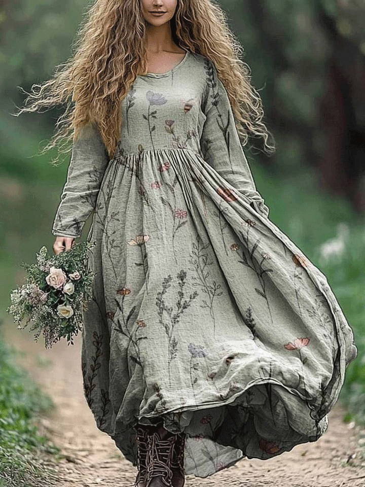 Women's Vintage Floral Print Crew Neck Pocket Cotton Dress