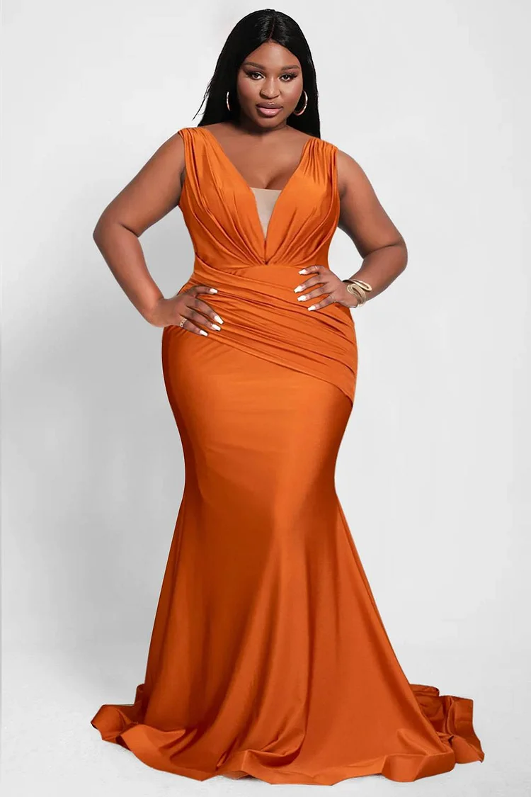Xpluswear Design Plus Size Prom Dress Orange Deep V Neck Wide Straps Ruched Maxi Dresses