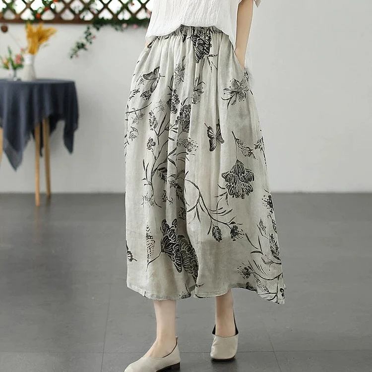 Summer Retro Print Loose Casual A-Line Linen Skirt