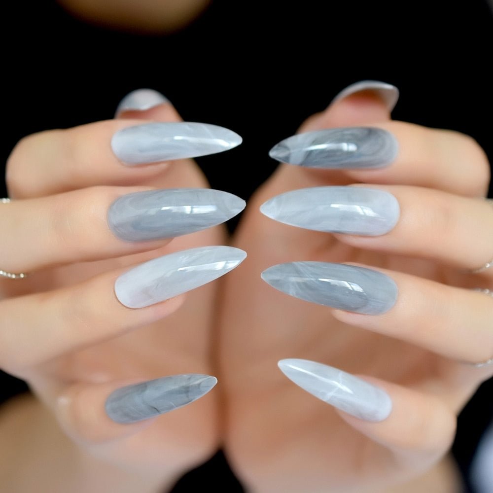 Extra long Stiletto Grey Marble Fake Nails Stone Pattern Pointed Dark Shiny Long Press On False Nails for Finger 24 Count