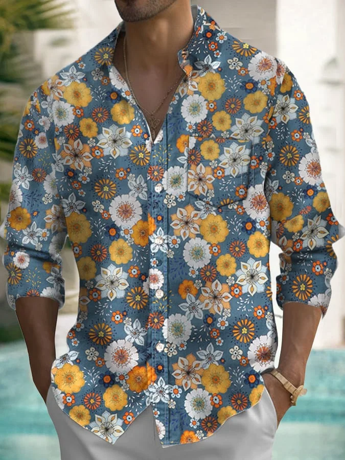 Men's Vintage Floral Pocket Long Sleeve Shirt