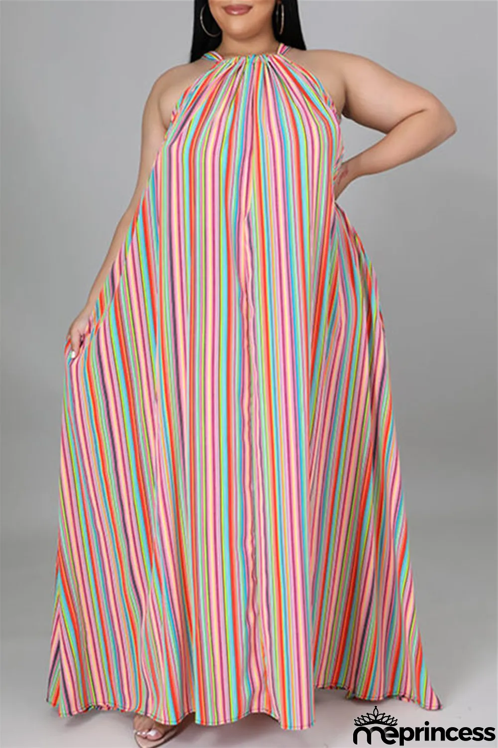 Light Blue Fashion Casual Plus Size Striped Print Backless O Neck Sleeveless Dress