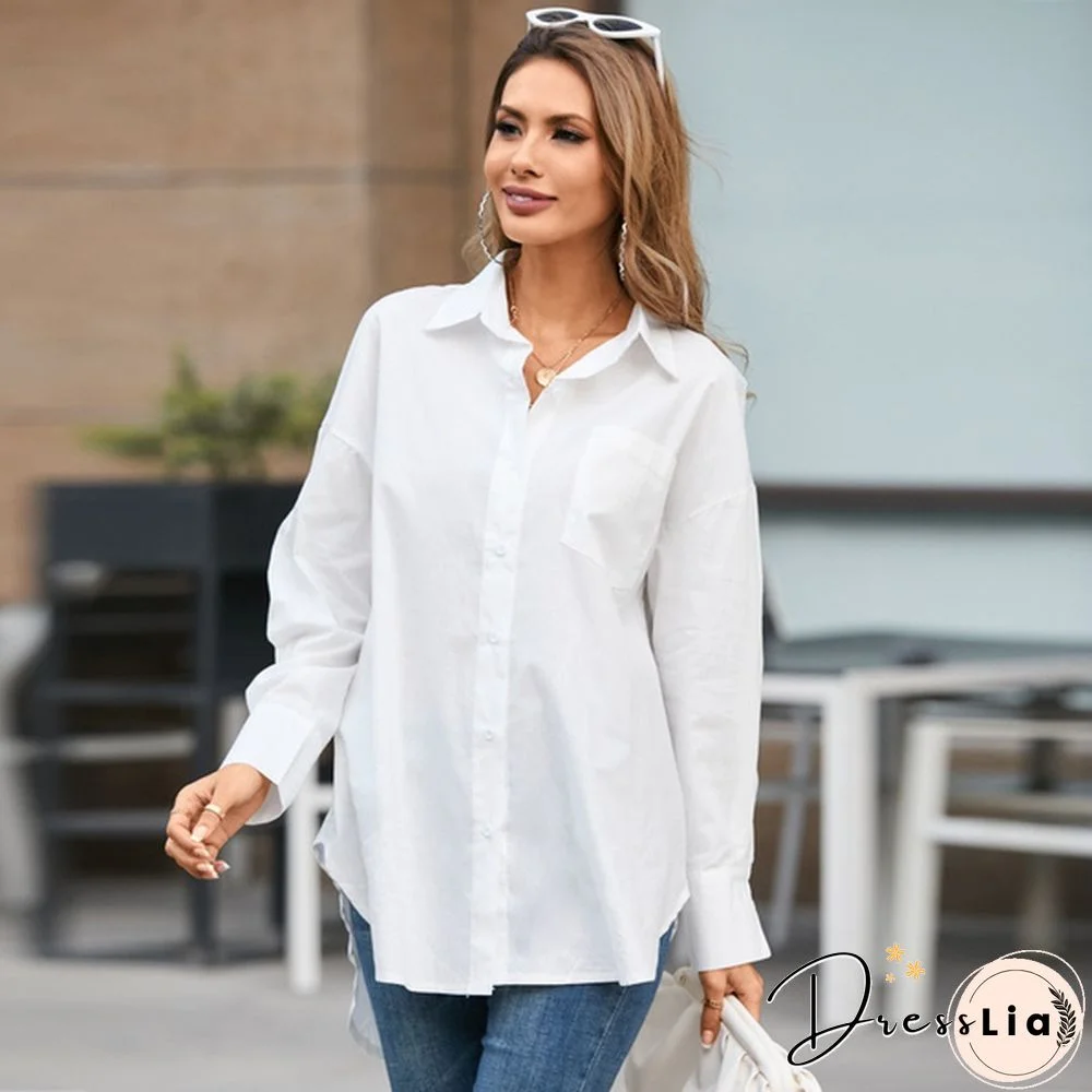 S-5XL Women Solid Color Lapel Button Long Sleeve Blouse Casual Elegant Loose Streetwear Tops Shirt Plus Size Manteau