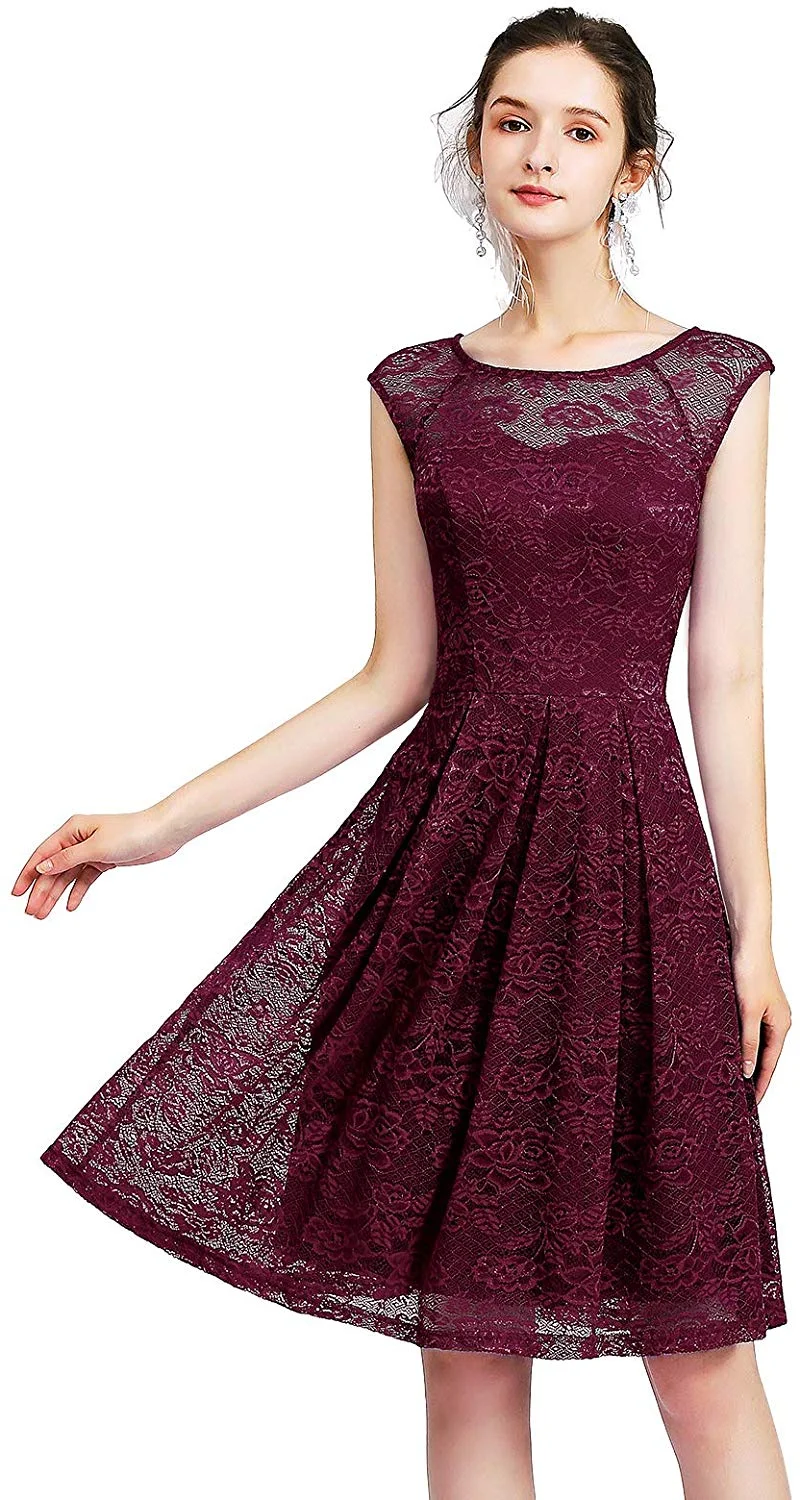 Women's Vintage Floral Lace Sleeveless Bridesmaid Dress Formal Cocktail Party Swing Dress