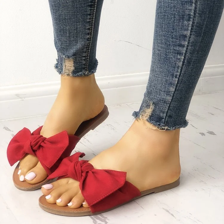Red Summer Women's Slide Sandals Open Toe Flats with Bow |FSJ Shoes