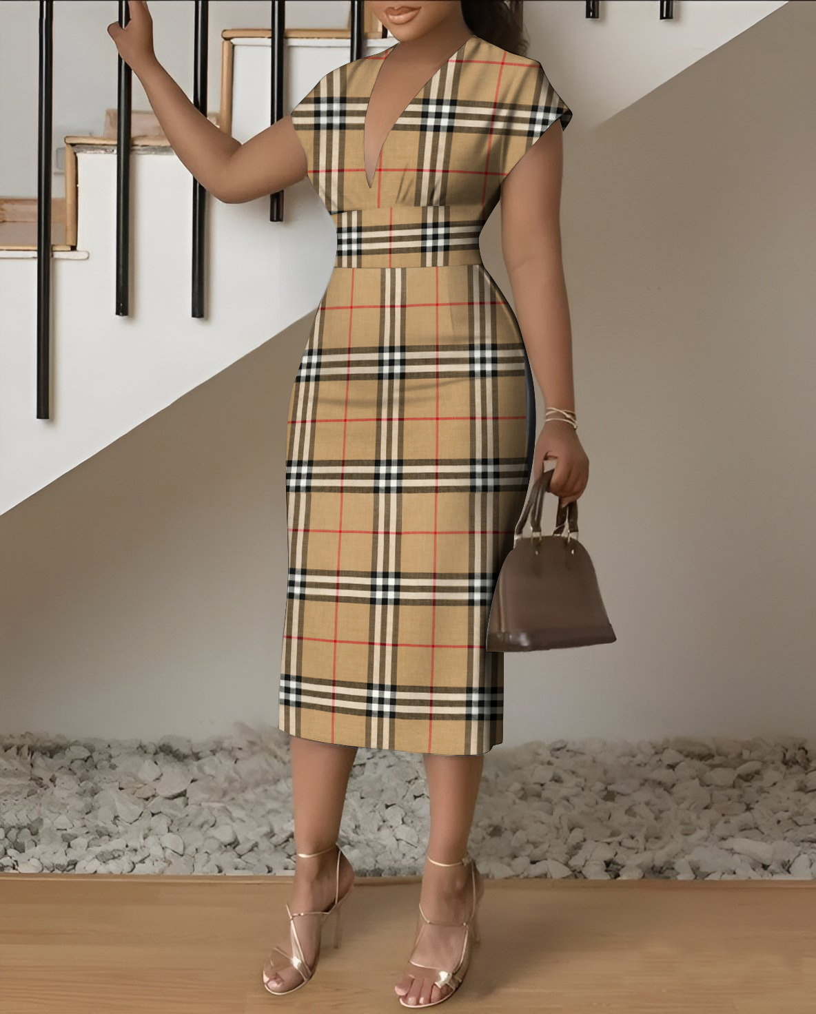 Deep V-neck Classic Plaid Print Waist Bodycon Dress