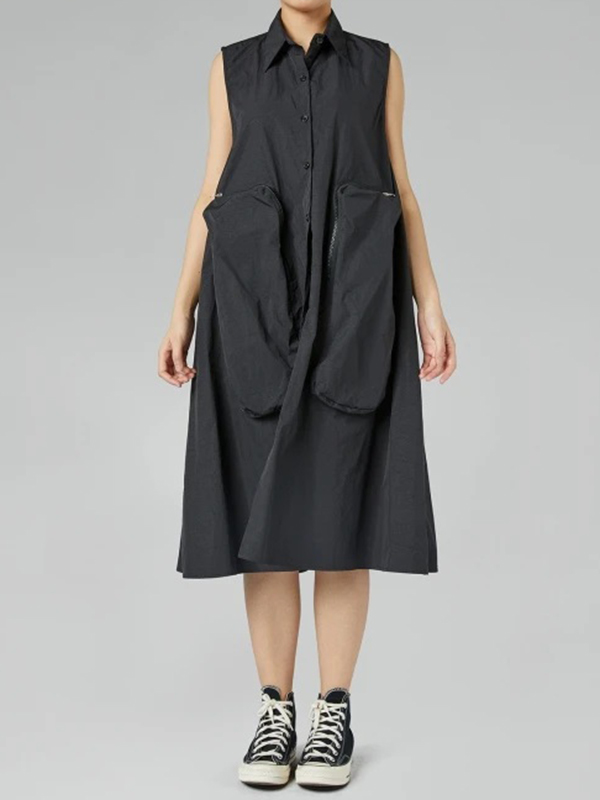 Sleeveless Lapel Front Big Pocket Vest Midi Dress